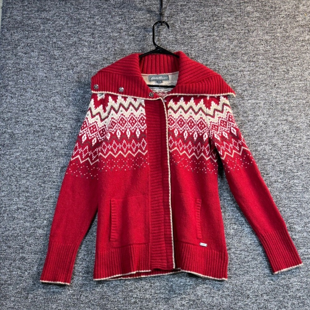 Eddie Bauer Red Fair Isle Wool Blend Full Zip Cardigan Sweater Womens Medium‎